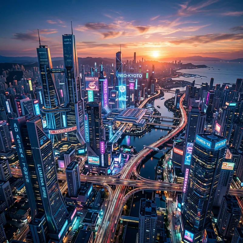 Vibrant Cyberpunk Cityscape at Sunset | Neon Lights & Sleek Architecture