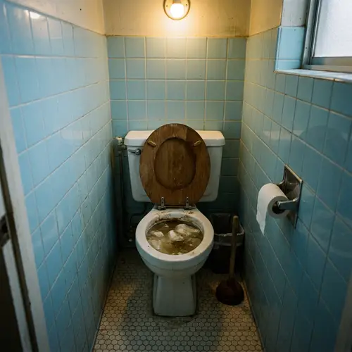 Troubleshooting a Clogged Toilet in a Small Dimly Lit Bathroom