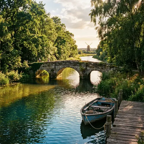 Tranquil Scene of Rustic Waterway with Stone Bridge and Forests