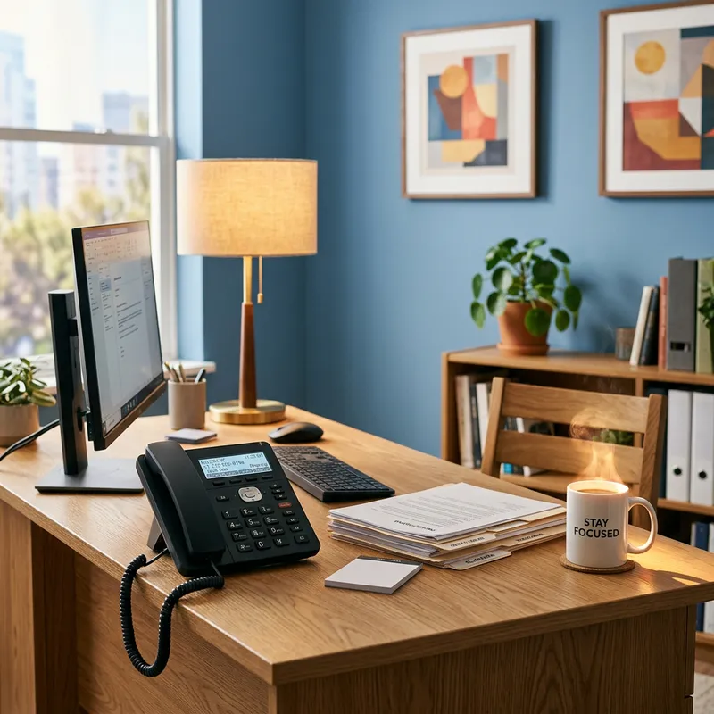Modern Office with Telephone and Coffee | Productive Workspace
