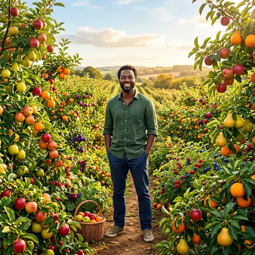 Happy Black Man in Green Field with Fruits