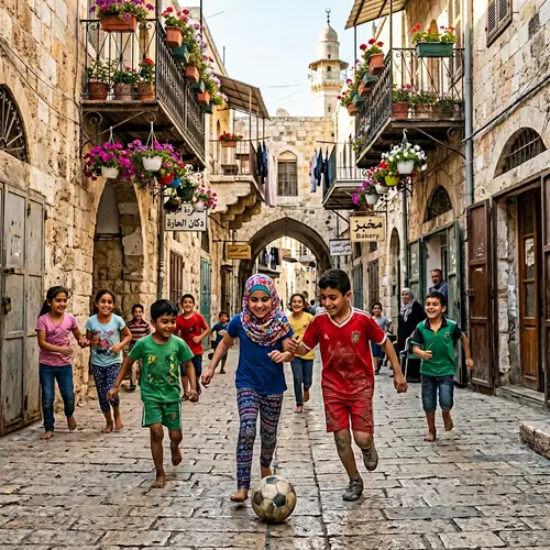 Multicultural Children Playing Soccer in Streets of Palestine