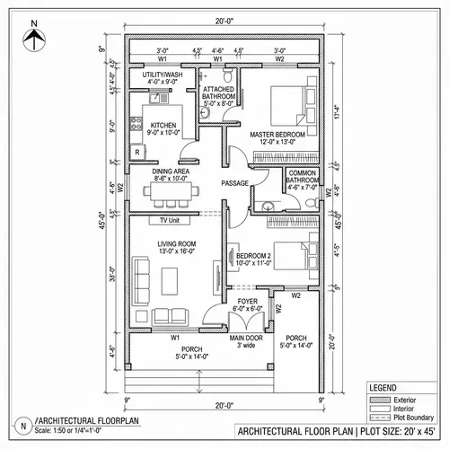 Detailed Floor Plan of 20x45 Plot: Room Divisions, Accurate Proportions