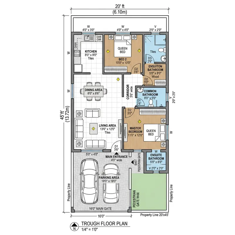 Spacious 20x45 Feet Floor Plan with 2 Rooms, Kitchen, Dining, Living Areas & Car Parking