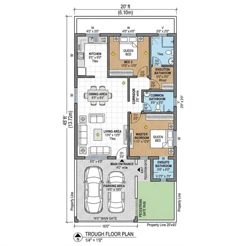 Rectangular Plot 20x45 Feet Floor Plan with 2 Bedrooms, Kitchen, Dining, Living Areas