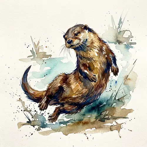 Playful Otter Watercolor Art in Earthy Tones with Blue Hues