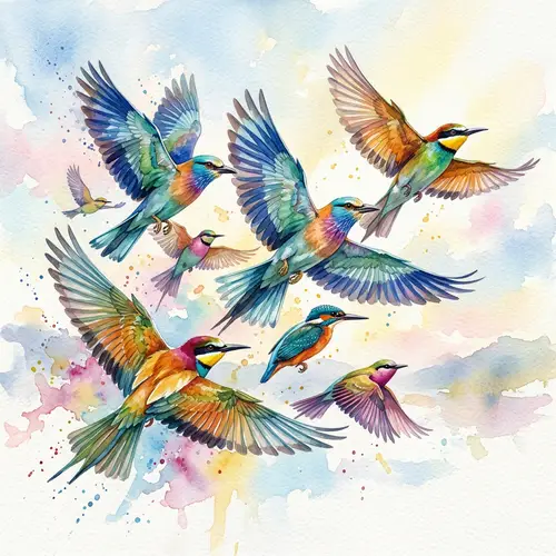 Vibrant Birds in Flight: Colorful Watercolor Painting