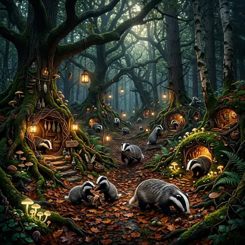 Enchanting Badger World: Dark and Whimsical Forest Imagery