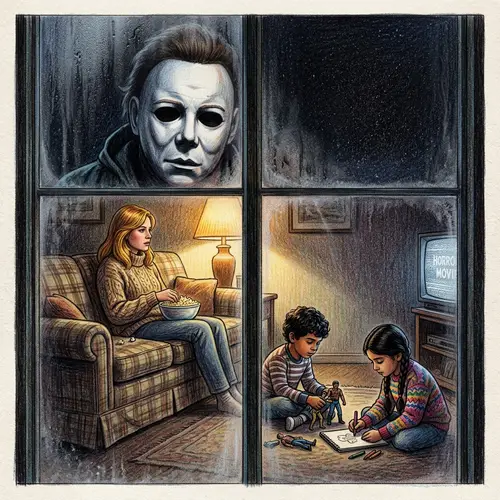 Michael Myers Colored Pencil Drawing in Haunting Night Scene