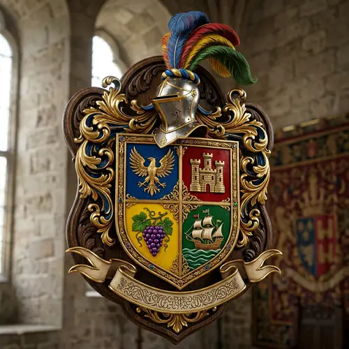 3D Coat of Arms Crest with Bird, Castle, Grapes & Ship