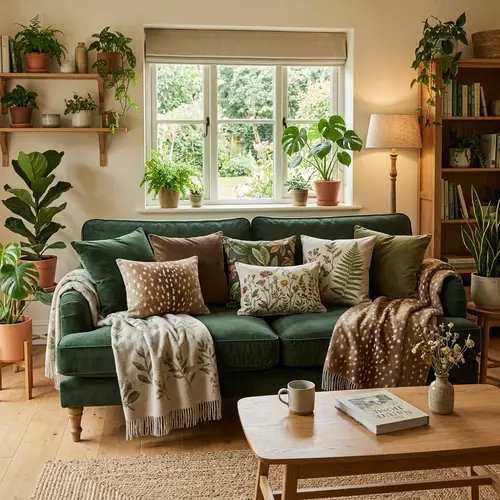 Tranquil Nature-Inspired Room Decor with Green and Brown Cushions