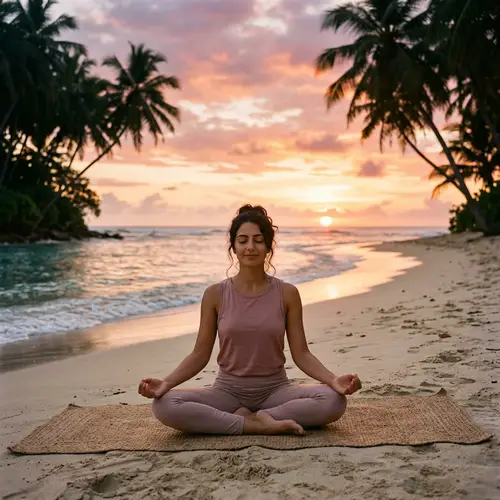 Soothing Middle-Eastern Woman Meditating on Secluded Sandy Beach