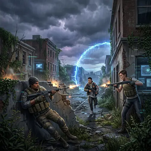 Multiplayer Battle Royale Game Scene with Diverse Characters and Intense Action