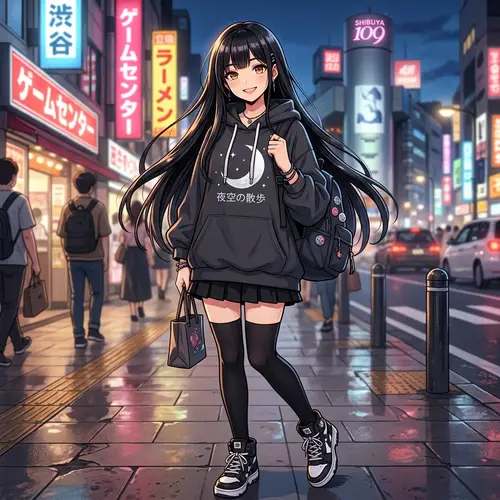 Anime Girl in Oversize Hoodie and Black Sneakers