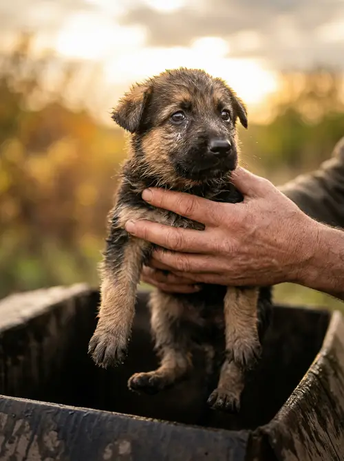 Gentle Hands Lifting a Small Alsatian Puppy