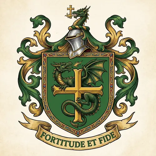 Green Coat of Arms with Dragon and Cross Drawing Style