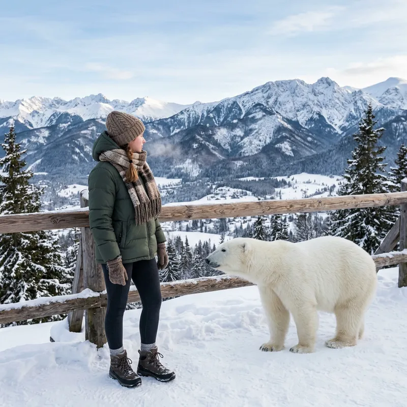 18-Year-Old Polish Girl and Polar Bear Enjoying Tatra Mountain Winter View