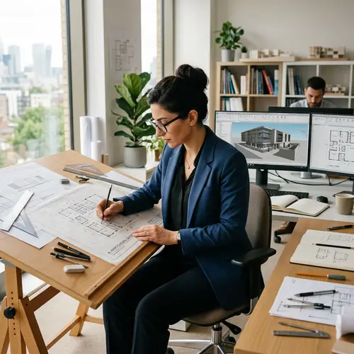 Female Architect Designing Building: Tranquil Office Environment