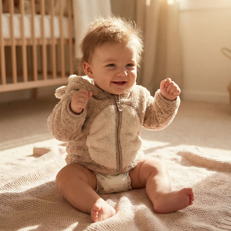 Adorable Furry Baby Smiling in Tiny Diaper