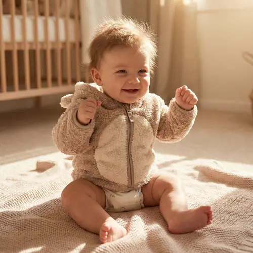Adorable Furry Baby Smiling in Tiny Diaper