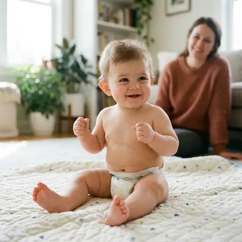 Adorable Baby Boy with Fluffy Hair and Diaper
