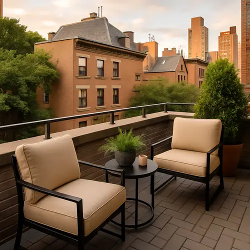 Charming New York Style Balcony with Beige Chairs