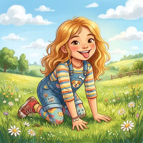 Girl Mimicking Dog in Colorful Illustration