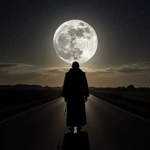 Mysterious Monk Silhouette Under Starry Sky