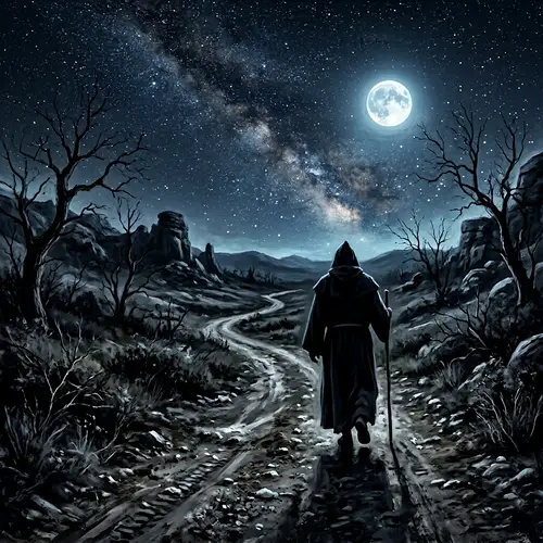 Mysterious Monk Silhouette Under Starry Sky
