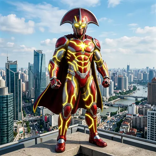 Radiant Energy Red-Silver Superhero in City Skyline | Brand Name