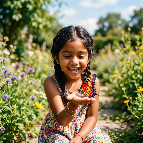 Joyful South Asian Girl with Vibrant Butterfly Outdoors