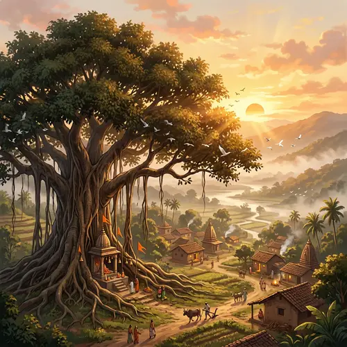 Banyan Tree Sunrise Over Indian Village - Anime Art