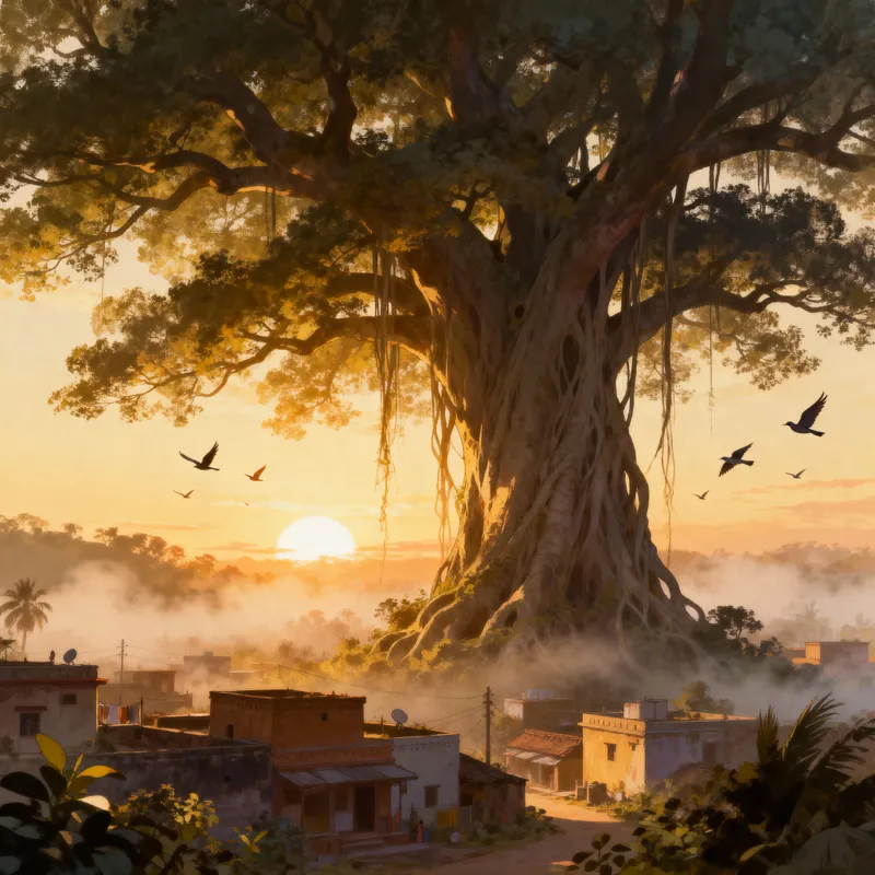 Banyan Tree Sunrise Over Indian Village - Anime Art