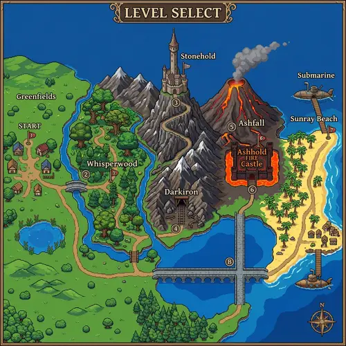 Pixel Art Adventure Landscape: Plain, Oak Forest, Castle, Beach, Volcano