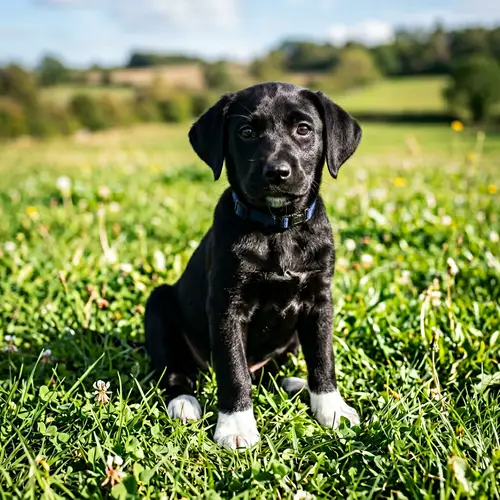 Adorable Black Puppy with White Paws on Grass Field