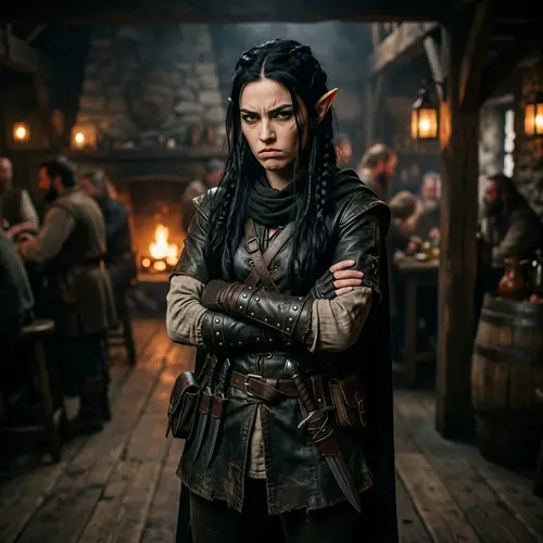 Female Elf Rogue with Black Hair and Frown