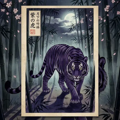 Regal Purple Tiger Art in Tranquil Bamboo Forest