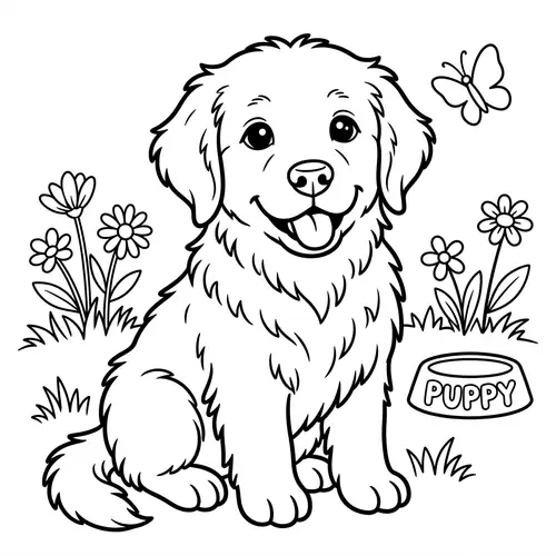 Cute Golden Retriever Coloring Page - Black & White