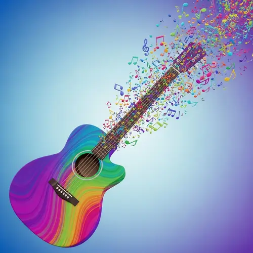 Colorful Guitar Emitting Musical Notes