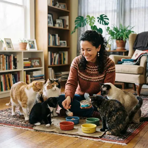 Heartwarming Scene of Hispanic Woman Feeding Five Cats