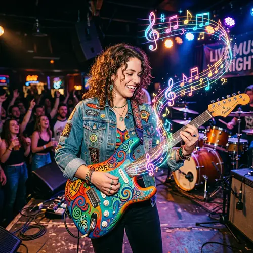 Colorful Guitar Emitting Musical Notes