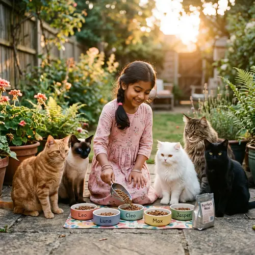 Young Girl Feeding Five Cats at Sunset | Heartwarming Scene