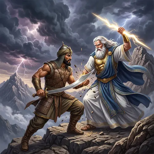 Epic Mythological Battle on Mountain Peak