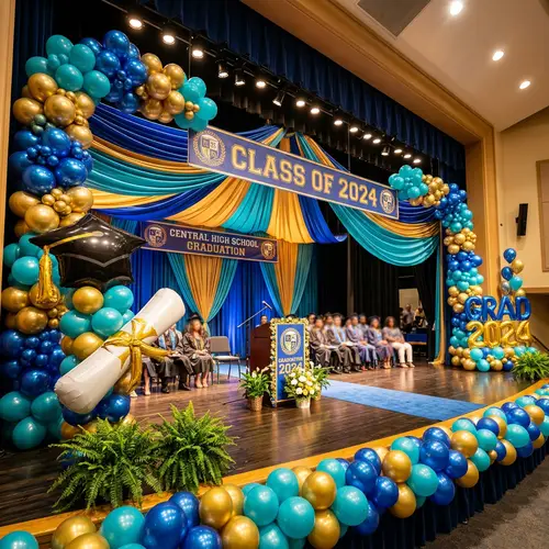 School Graduation Stage Decoration with Blue, Gold, and Turquoise Balloons