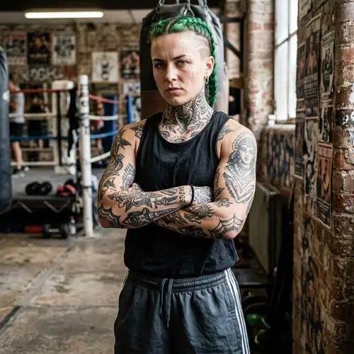 Muscular Woman in Men's Tank Top with Green Hair and Tattoos