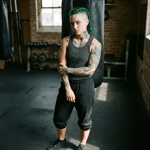 Bold Female Athlete with Short Green Hair and Tattoos
