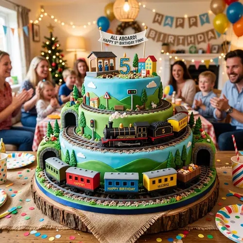 Festive Train Cake Design - Vibrant & Intricate