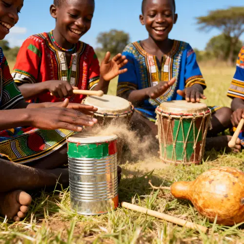 African Kids Playing with DIY Percussion Instruments