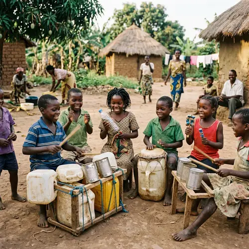 African Kids Playing with DIY Percussion Instruments