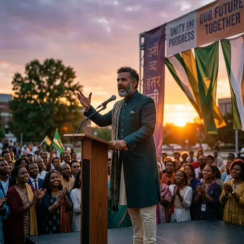 Passionate South Asian Politician Speech with Flags and Applause